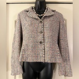 Classic Jones New York Fringed Trimmed, Button Front Jacket - Pink & Blue Tones